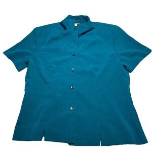 Briggs New York Womens Teal Blue Crinkle Short Sleeve Button Up Blouse Size 8